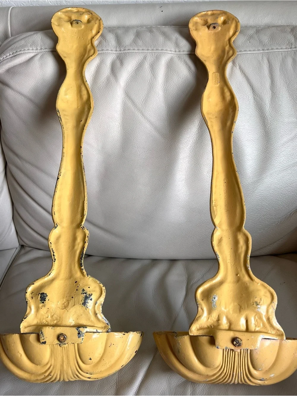 Vintage MCM Cast Metal Yellow Decorative Wall Sconces Large Ladle/ Shell